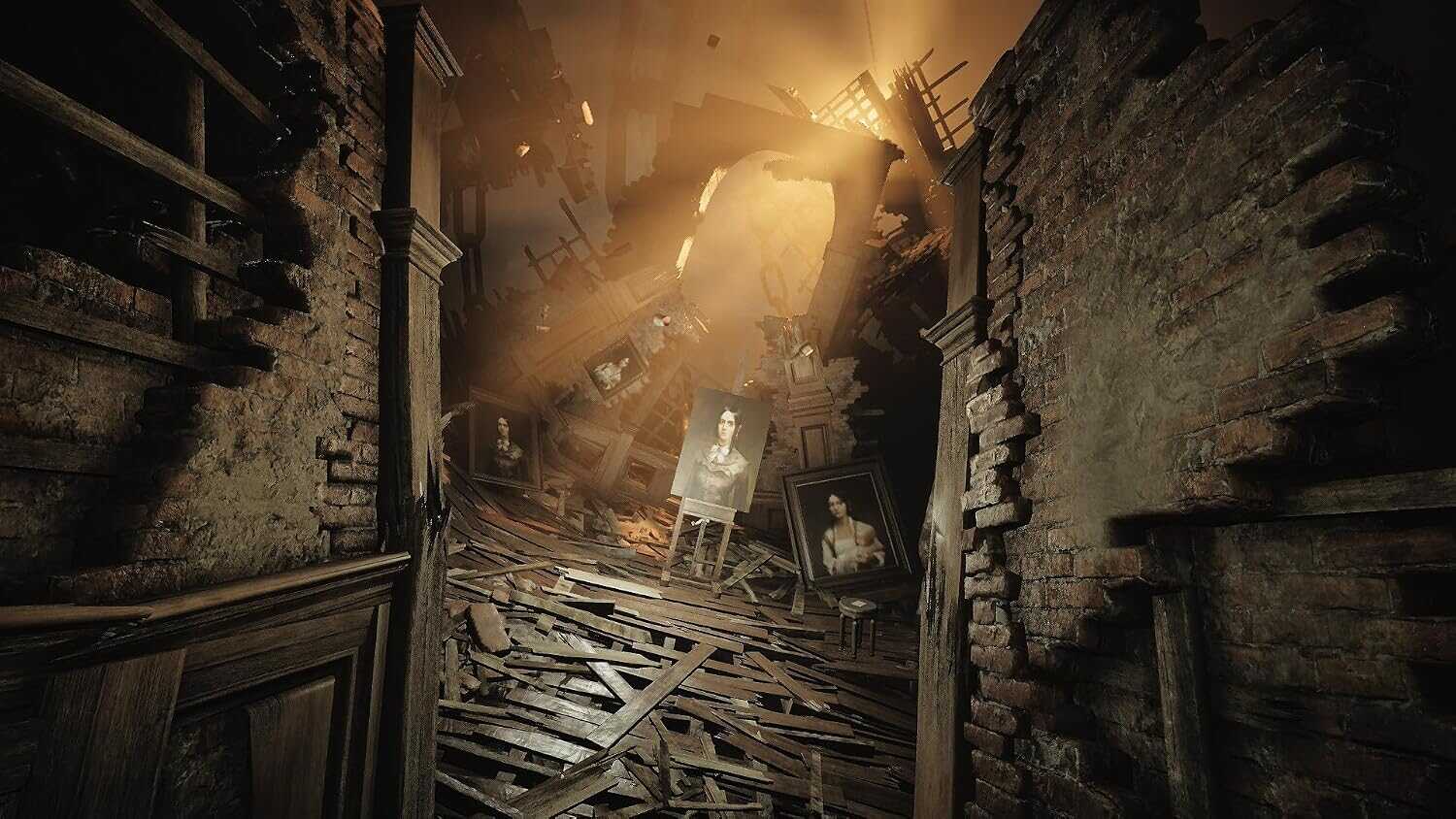 Haunted, dilapidated room with broken floor and scattered portraits from Layers of Fear.
