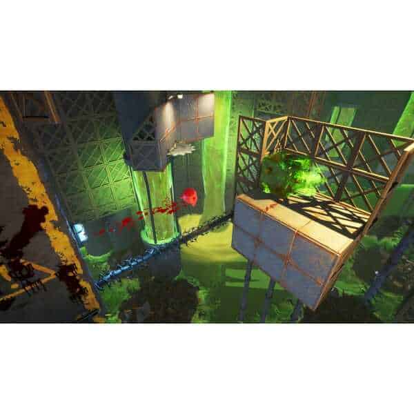 Super Meat Boy 3D character navigating industrial environment with vibrant green lighting.