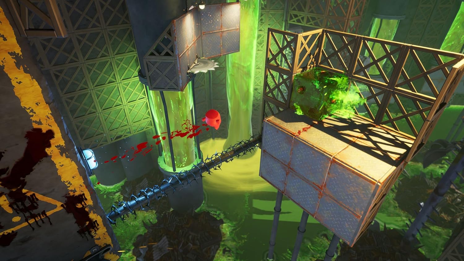 Super Meat Boy 3D character navigating industrial environment with vibrant green lighting.