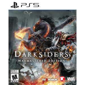 Darkstiders Warmastered Edition game cover with warrior and horse in battle.