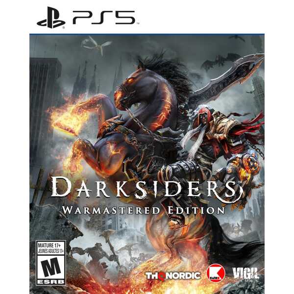 Darkstiders Warmastered Edition game cover with warrior and horse in battle.