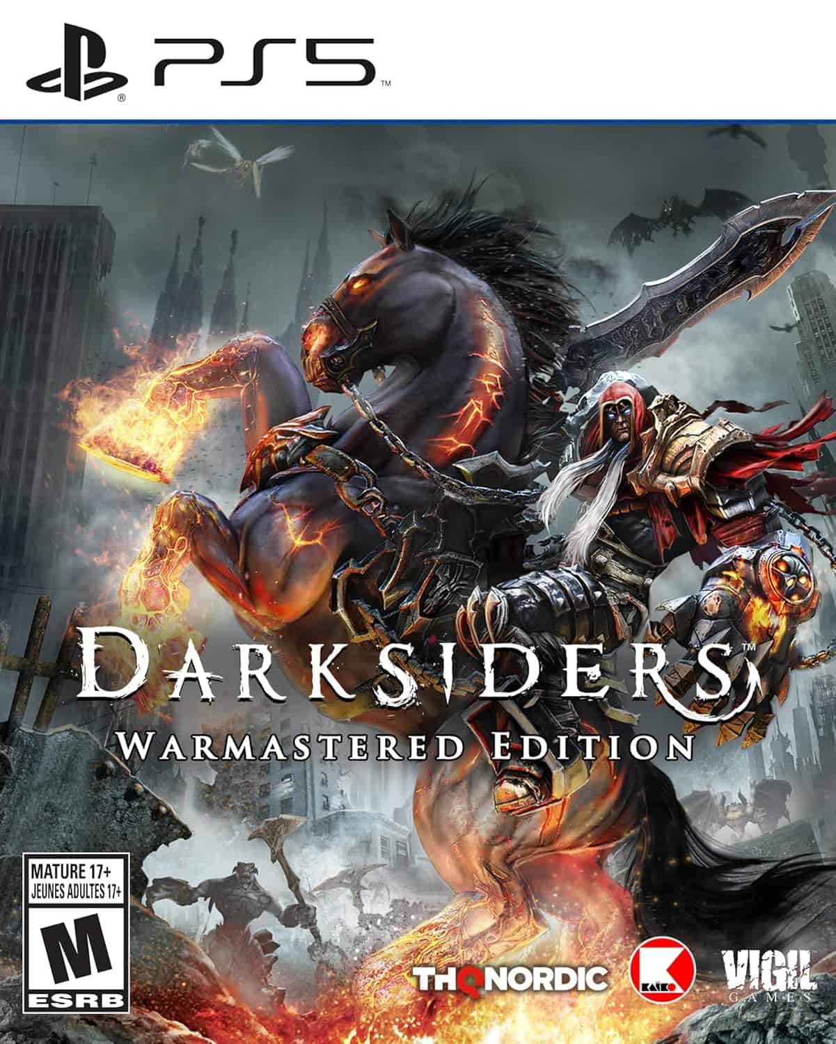 Darkstiders Warmastered Edition game cover with warrior and horse in battle.