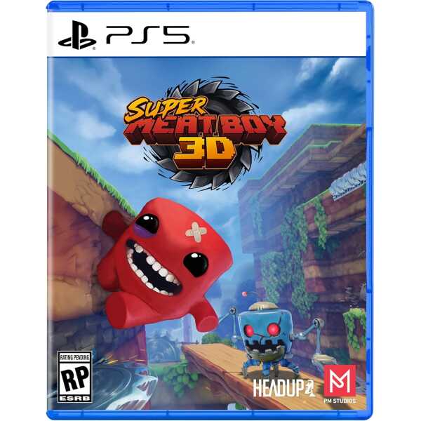 Super Meat Boy 3D game cover for PlayStation 5, featuring a cartoonish red character with a big smil.