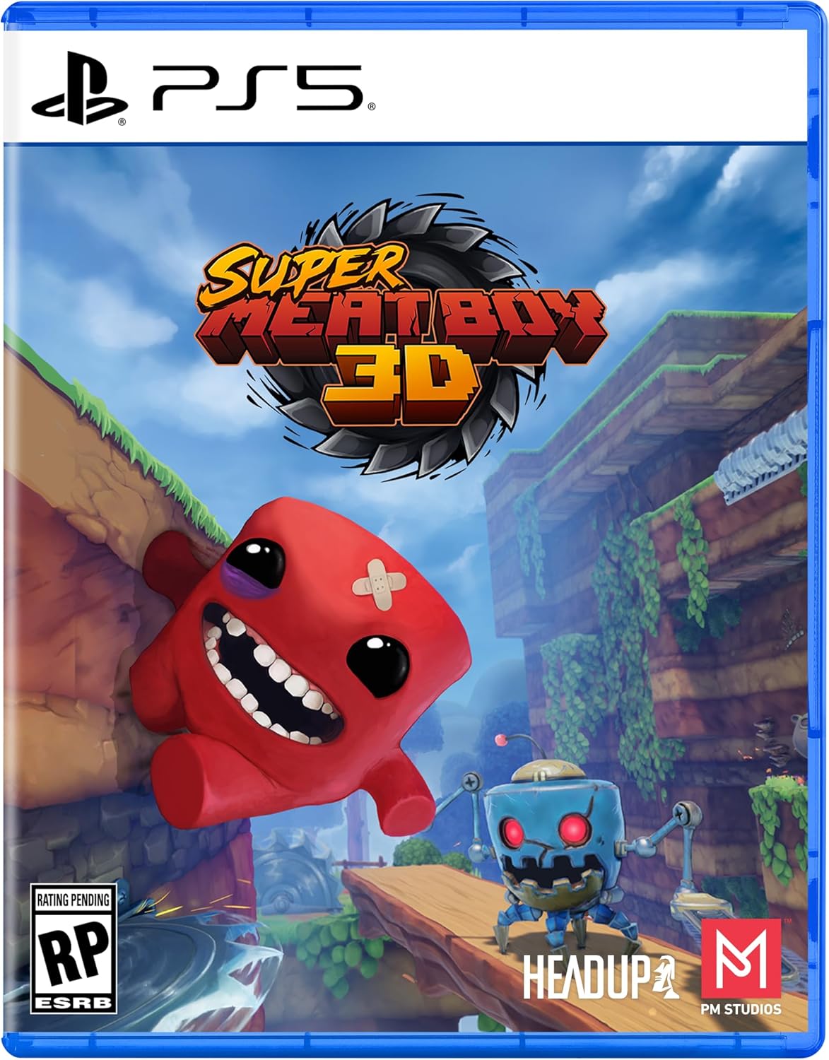 Super Meat Boy 3D game cover for PlayStation 5, featuring a cartoonish red character with a big smil.