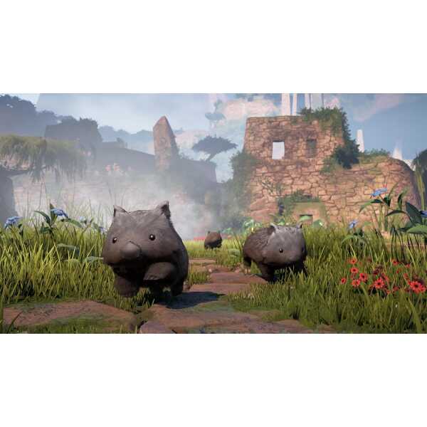 Fantasy creatures resembling capybaras in a vibrant, lush landscape with ancient ruins and colorful.