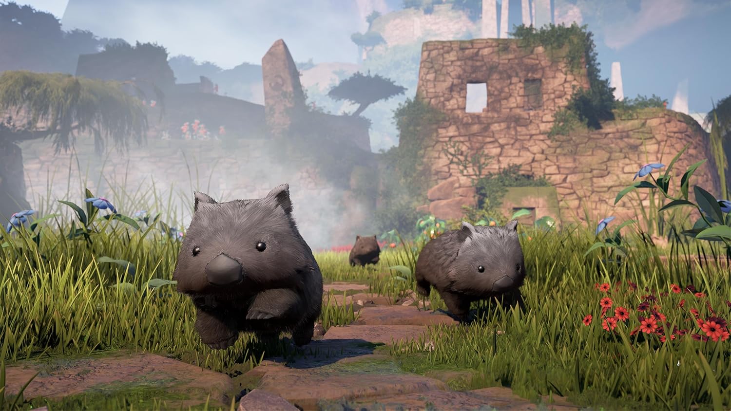 Fantasy creatures resembling capybaras in a vibrant, lush landscape with ancient ruins and colorful.
