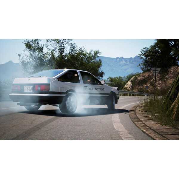 Classic car drifting on a mountain road, producing tire smoke and showcasing vintage vehicle design.