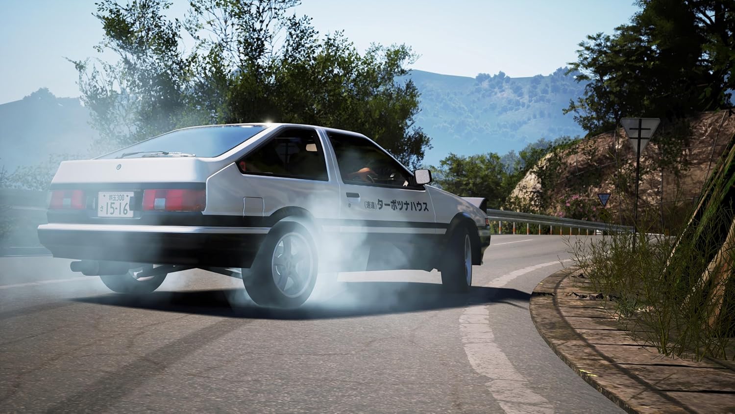 Classic car drifting on a mountain road, producing tire smoke and showcasing vintage vehicle design.