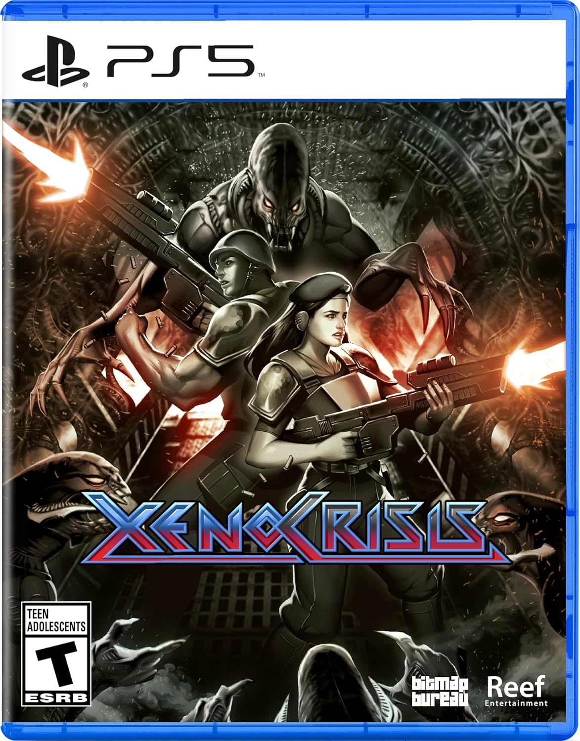 Xenocrisis PS5 game cover with soldiers and alien enemies.