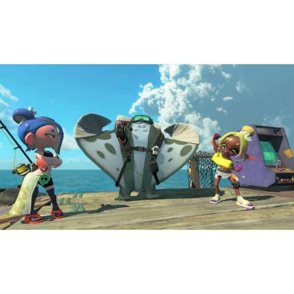 Three characters from Splatoon Raiders on a dock with ocean and sky background.