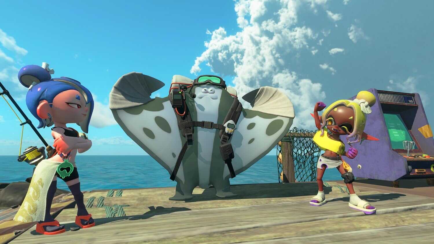 Three characters from Splatoon Raiders on a dock with ocean and sky background.