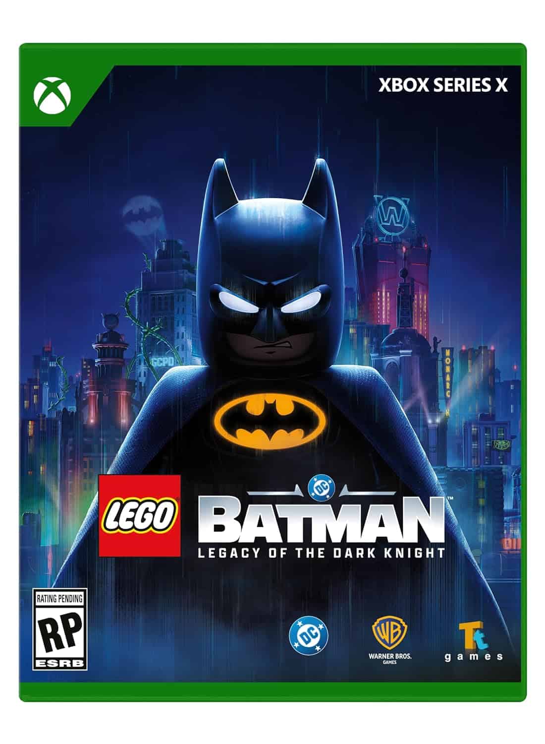 LEGO Batman game cover for Xbox Series X featuring Dark Knight figure.