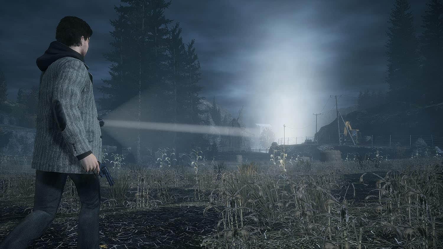Person walking through a field at night with fireworks in the background.