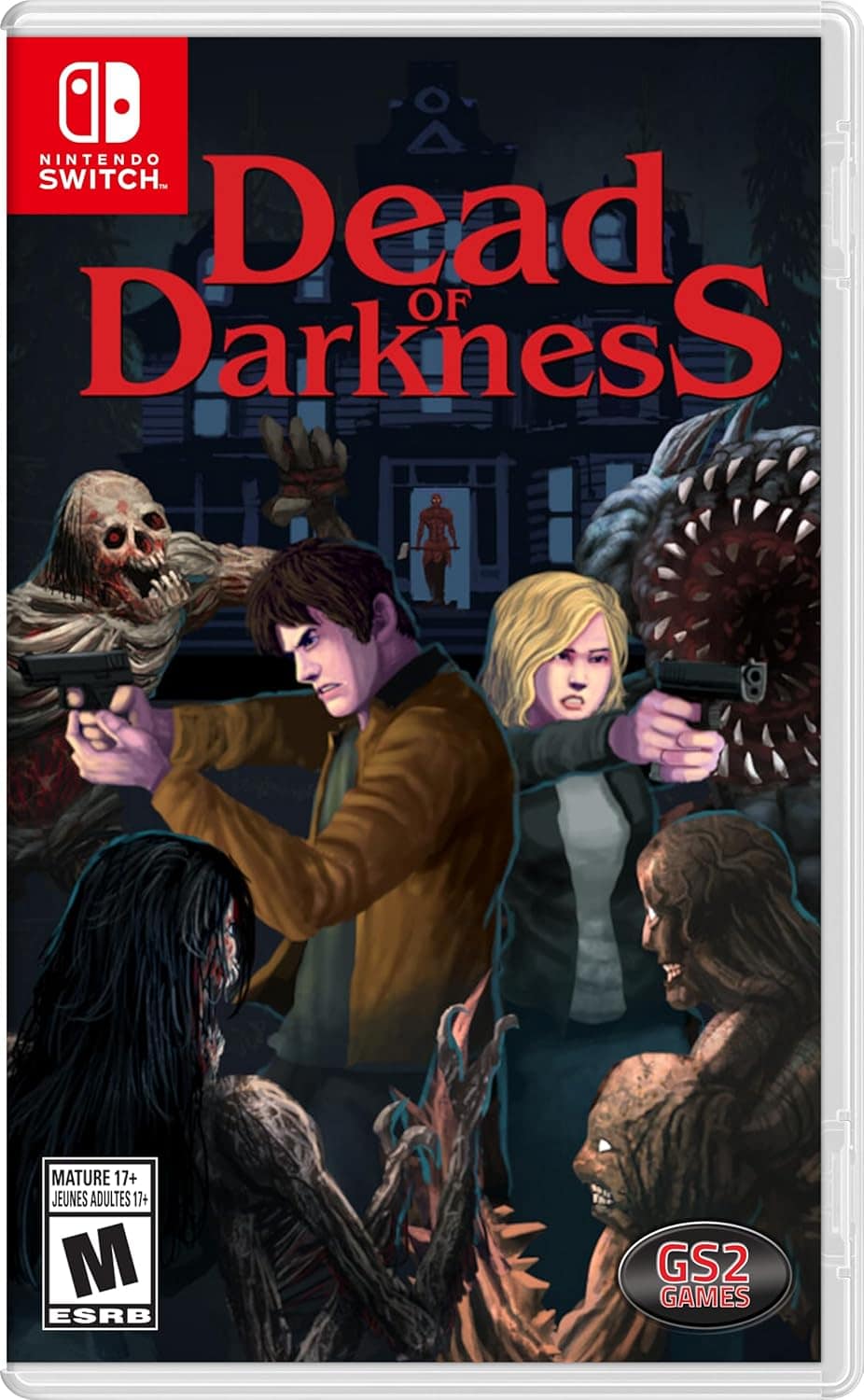Horror-themed game cover with characters battling monsters in a dark mansion.