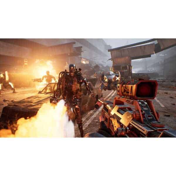 Futuristic battle scene featuring robots, explosions, and advanced weaponry in a dystopian urban env.