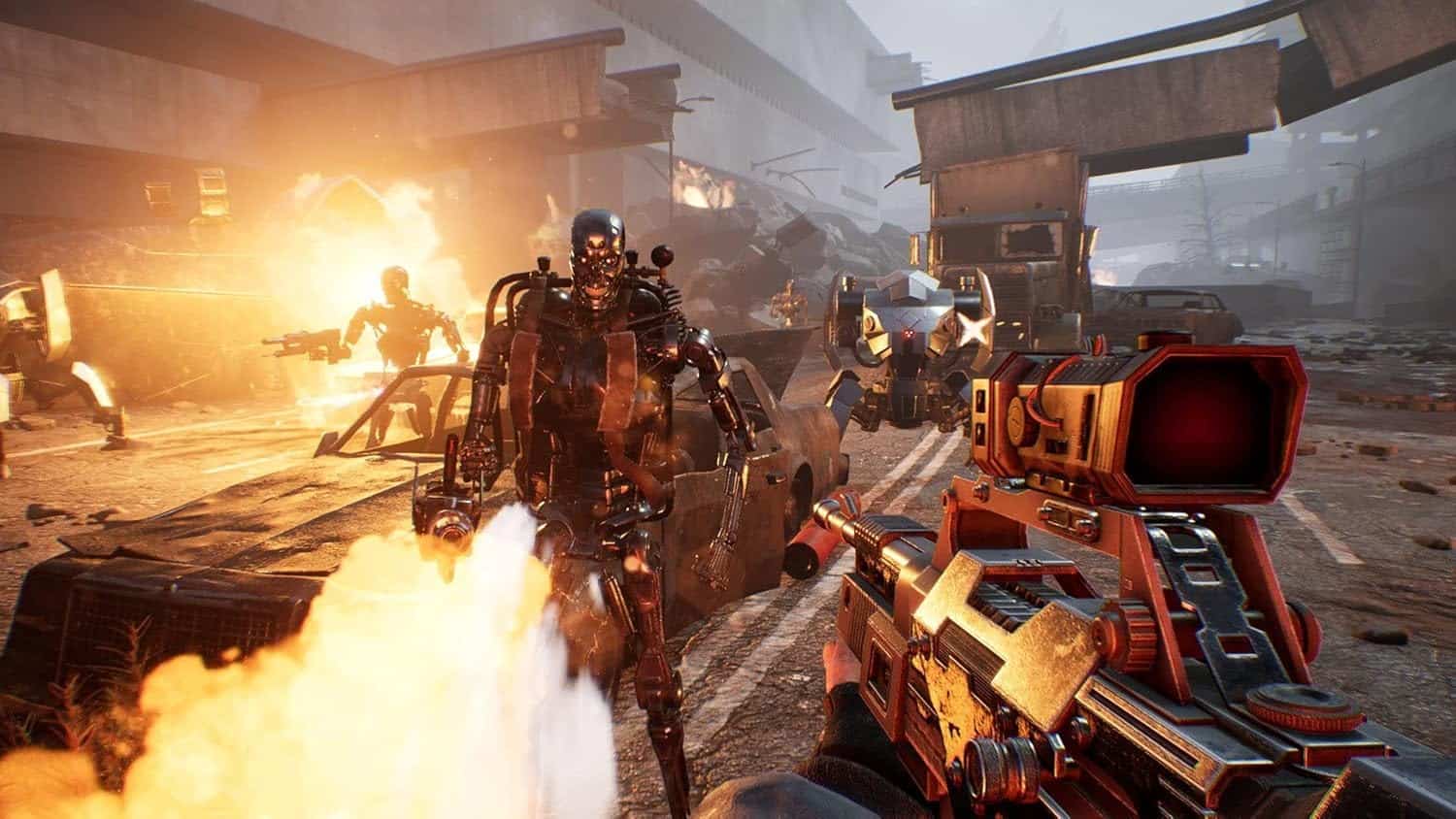 Futuristic battle scene featuring robots, explosions, and advanced weaponry in a dystopian urban env.