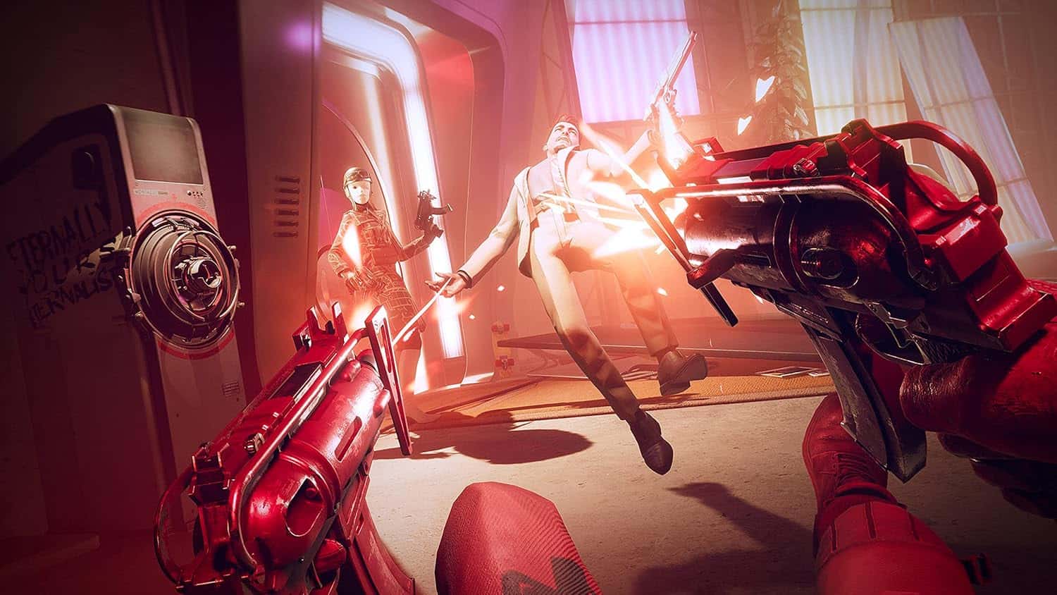 Futuristic VR gaming scene with advanced controllers and immersive environment at Gameware.