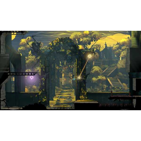 Dark fantasy game scene with ruins, glowing symbols, and a mysterious glowing orb.