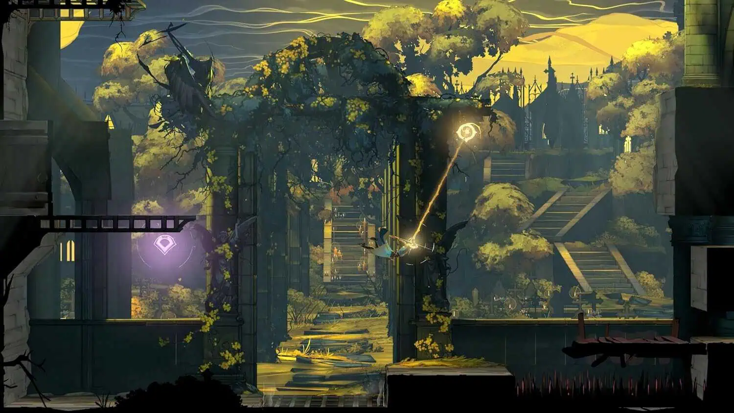 Dark fantasy game scene with ruins, glowing symbols, and a mysterious glowing orb.