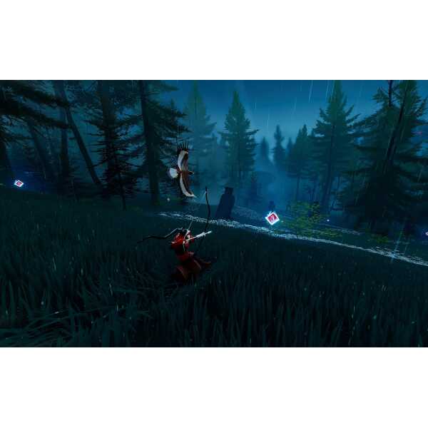 Player in a forest during a rainstorm with a bow and arrow, game-inspired scene.