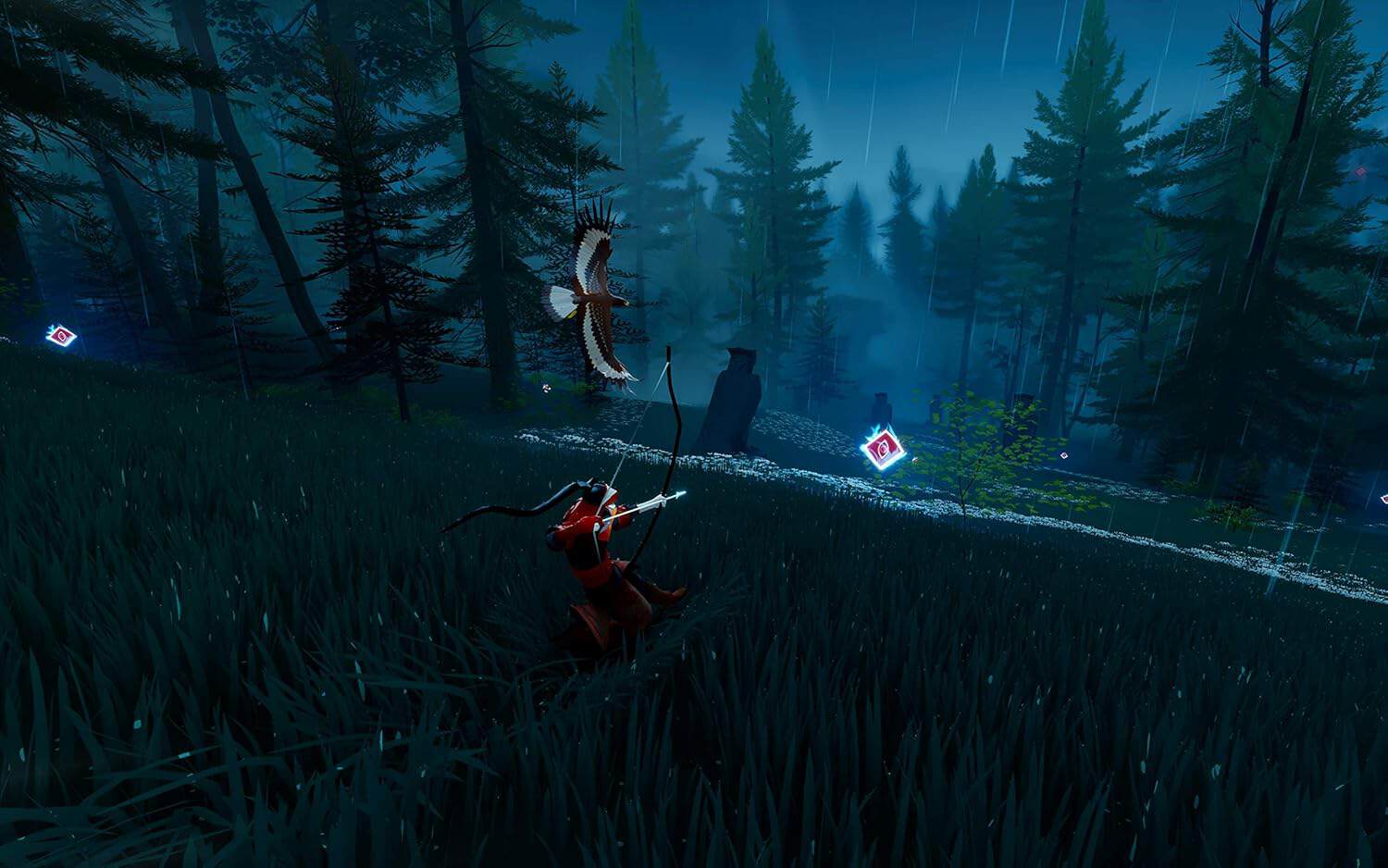Player in a forest during a rainstorm with a bow and arrow, game-inspired scene.