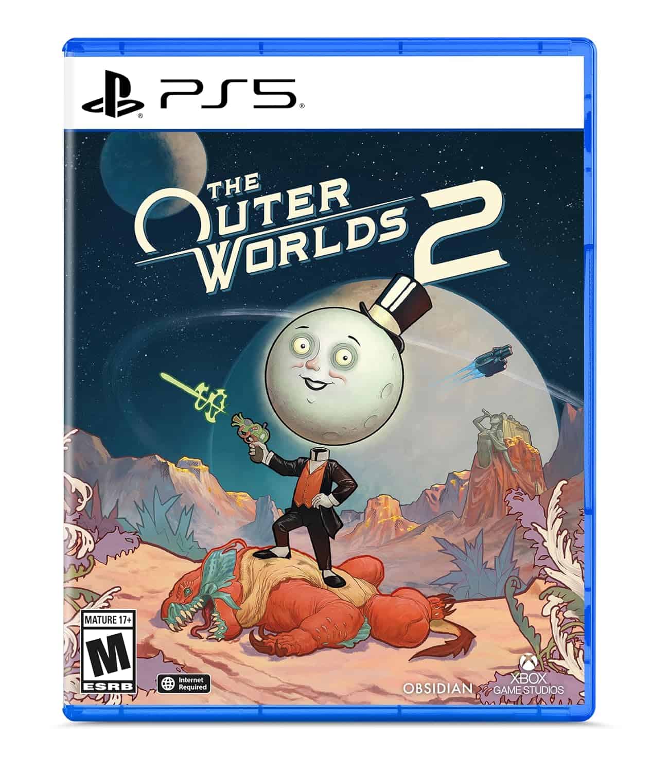 Outer Worlds 2 game cover with character and alien landscape.