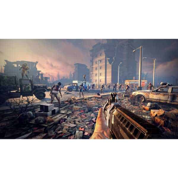 Post-apocalyptic urban scene with zombies and ruined vehicles, showcasing survival gameplay.