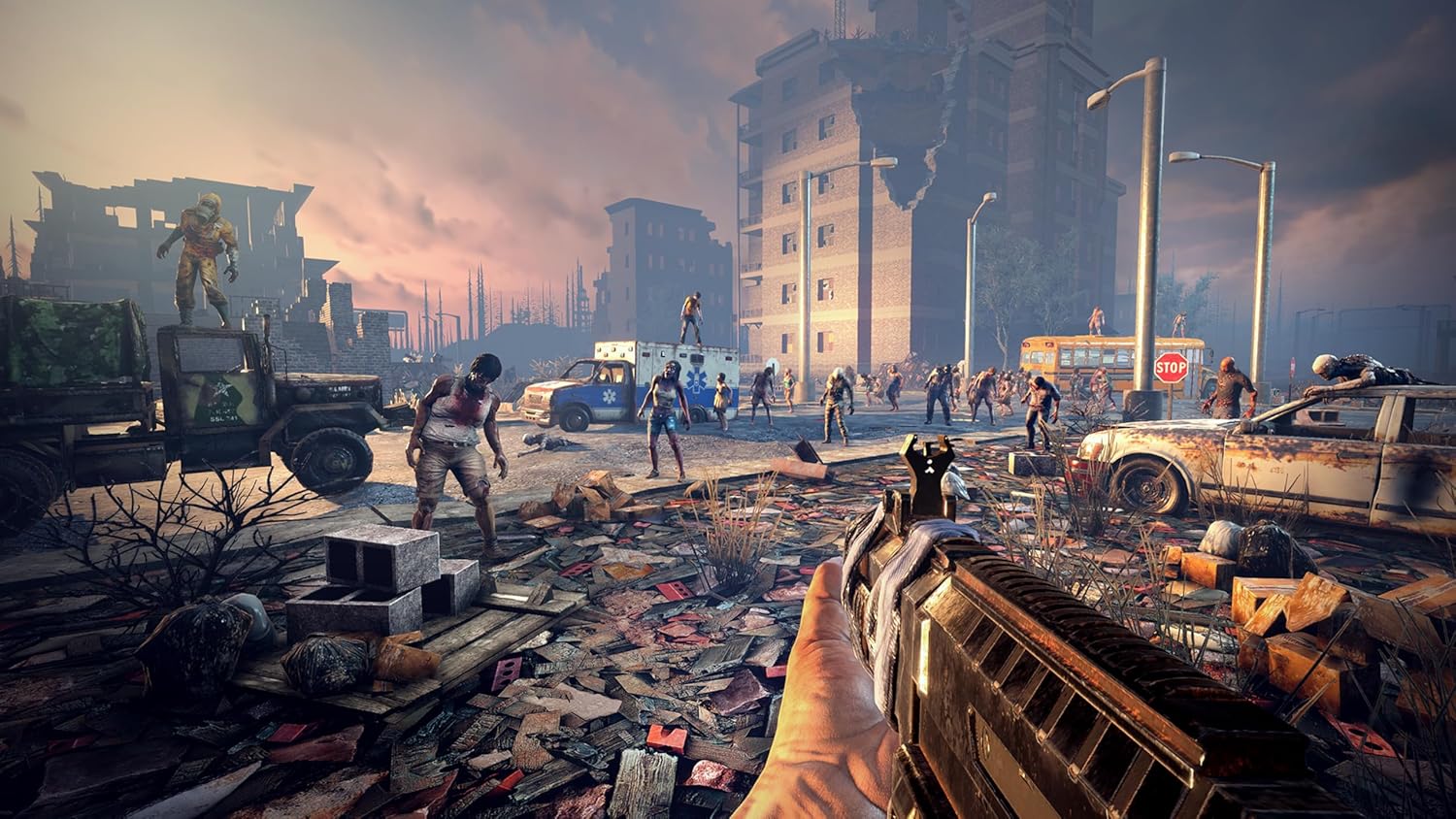 Post-apocalyptic urban scene with zombies and ruined vehicles, showcasing survival gameplay.