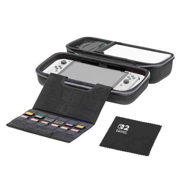 Nintendo Switch portable storage case with game card holder and cleaning cloth.