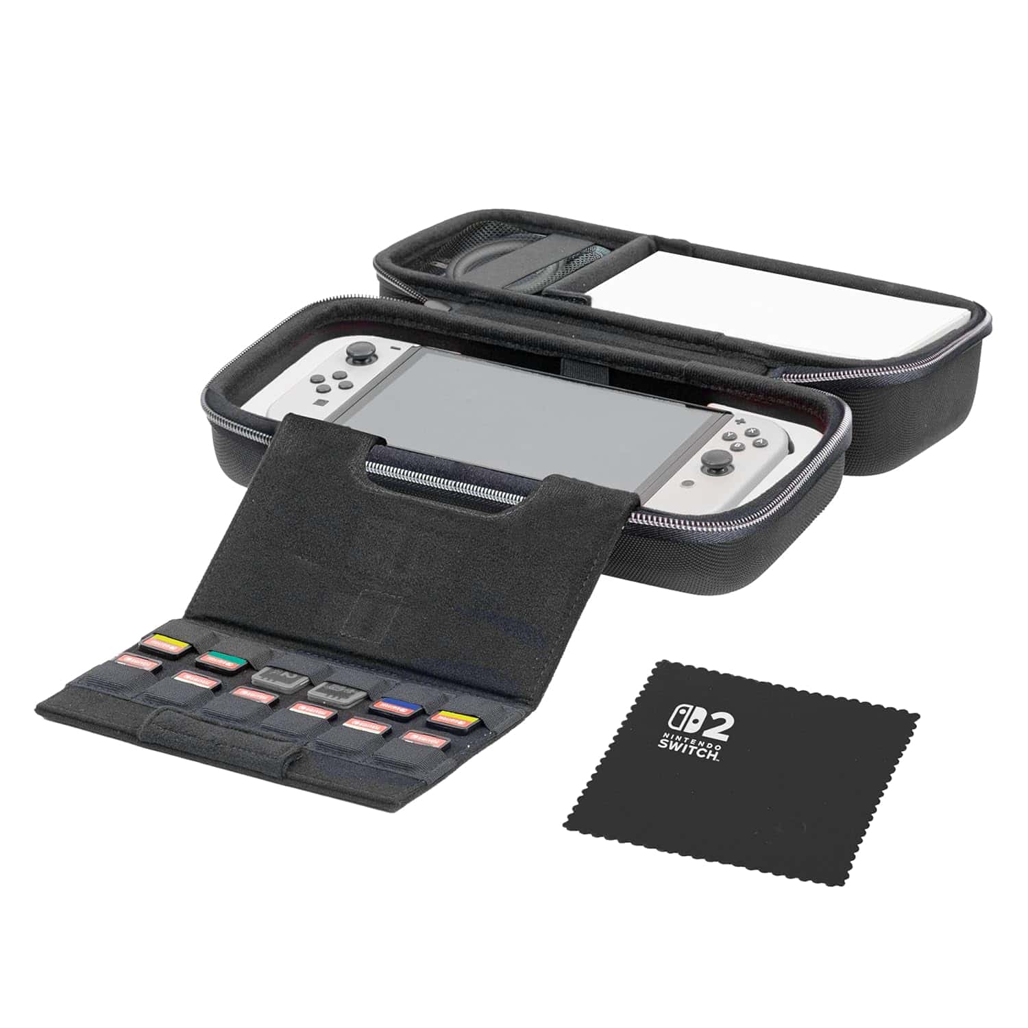 Nintendo Switch portable storage case with game card holder and cleaning cloth.