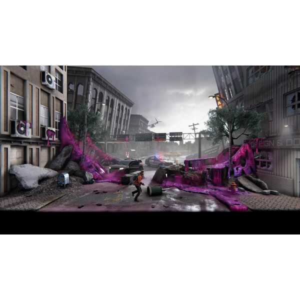 Destroyed city street with collapsed buildings and debris from Kong: Survivor's.