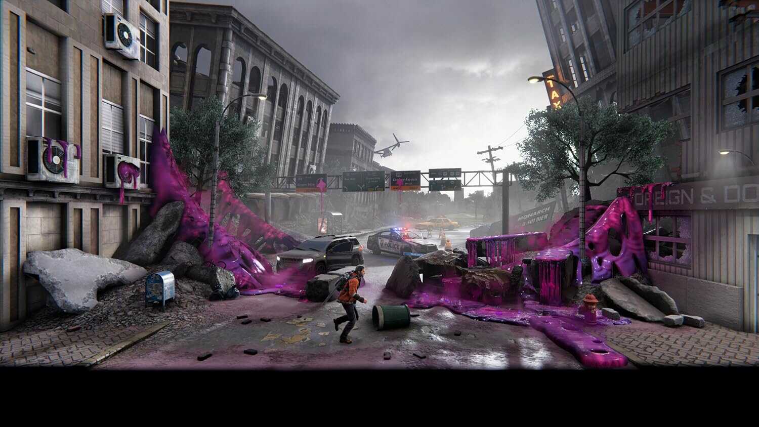 Destroyed city street with collapsed buildings and debris from Kong: Survivor's.