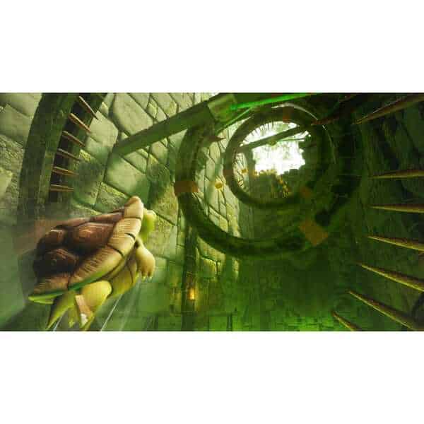 Chickenhare exploring a mysterious green spiral tunnel in the game.