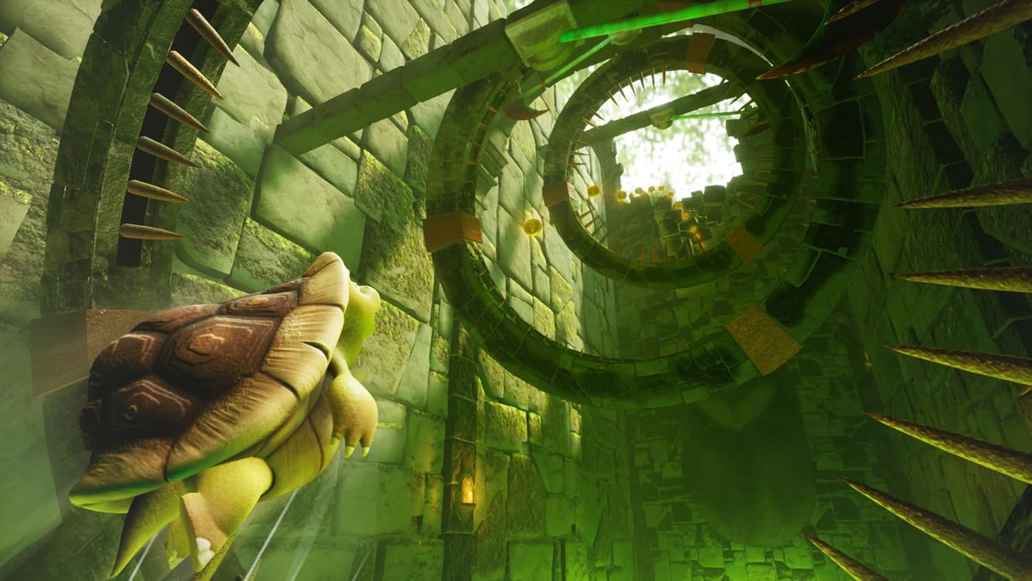 Chickenhare exploring a mysterious green spiral tunnel in the game.