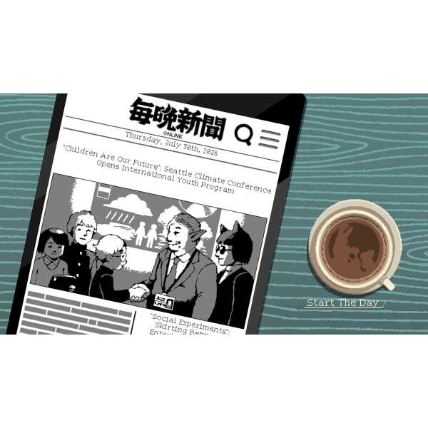 Black and white image of a newspaper with a coffee cup on a striped surface.
