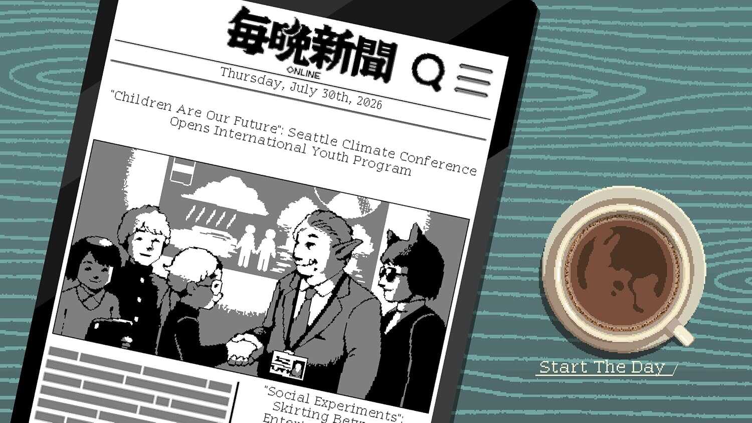 Black and white image of a newspaper with a coffee cup on a striped surface.
