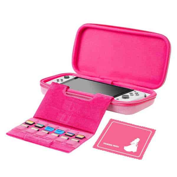 Pink portable gaming console case with storage for game cartridges and Princess Peach card.