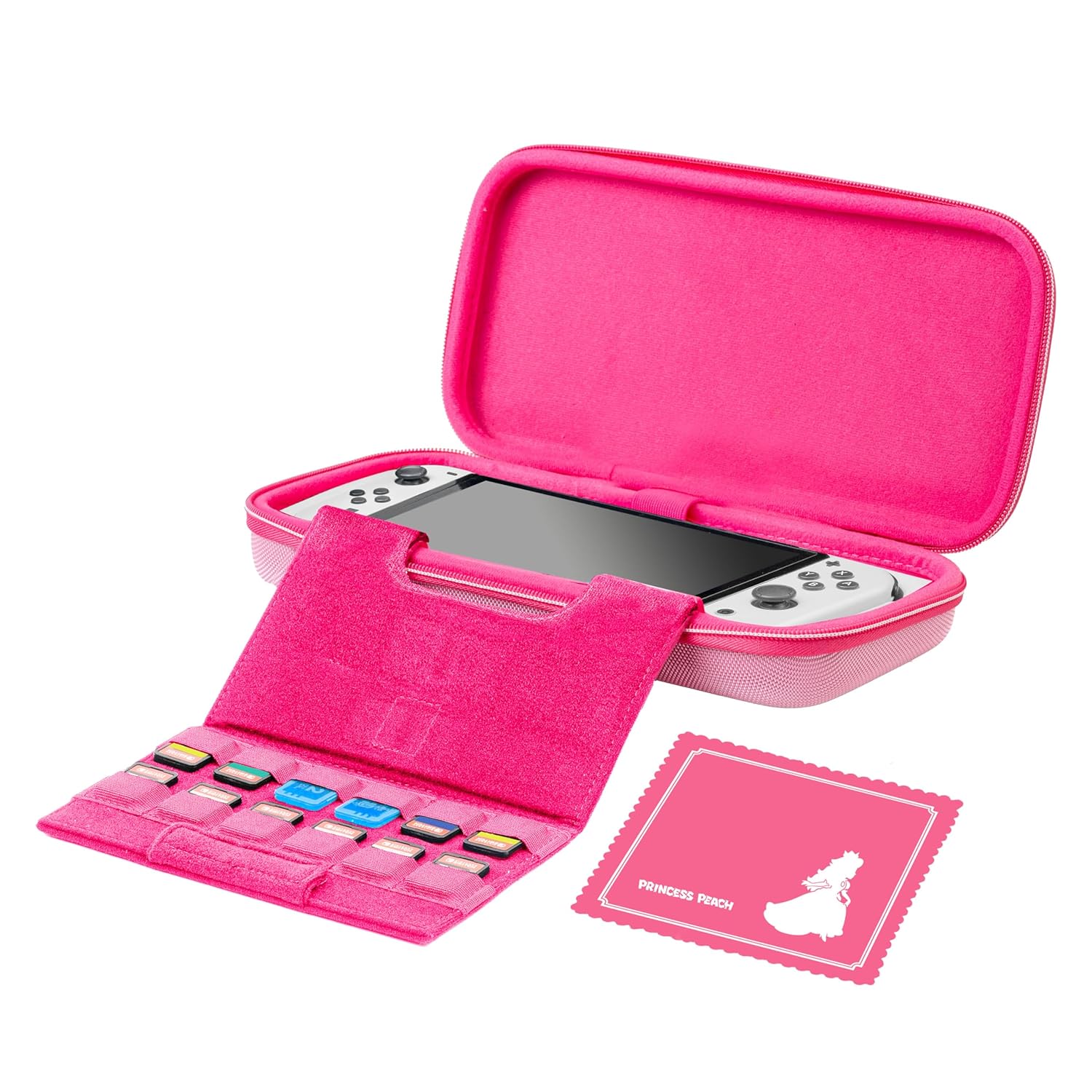 Pink portable gaming console case with storage for game cartridges and Princess Peach card.