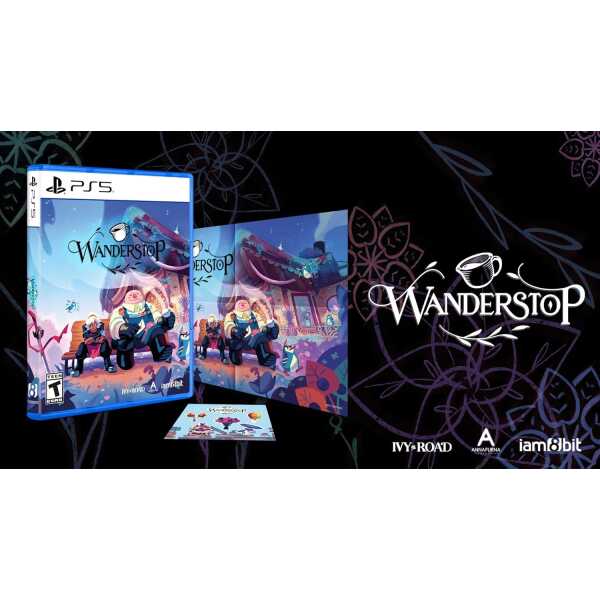 Wanderstop PS5 game box art with colorful winter scene and characters.