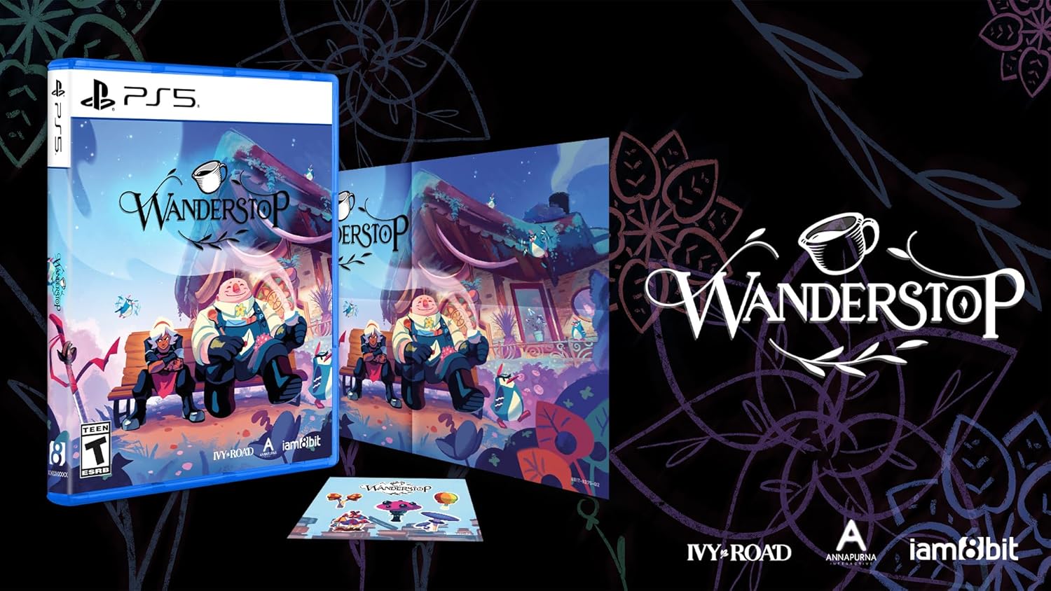 Wanderstop PS5 game box art with colorful winter scene and characters.
