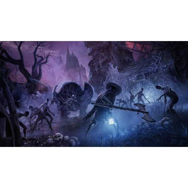 Dark fantasy scene with eerie creatures and twisted trees in a haunted landscape.