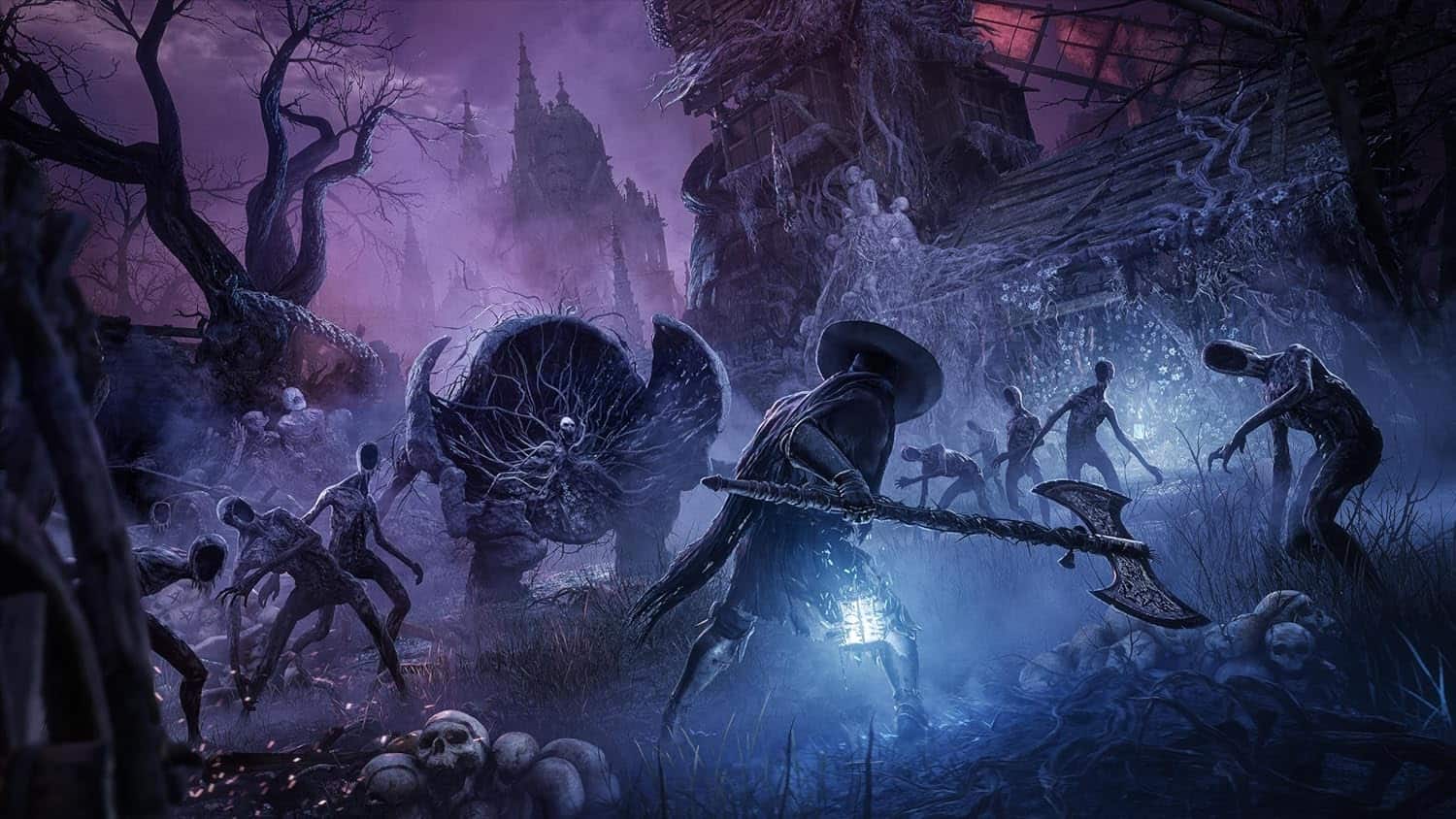 Dark fantasy scene with eerie creatures and twisted trees in a haunted landscape.