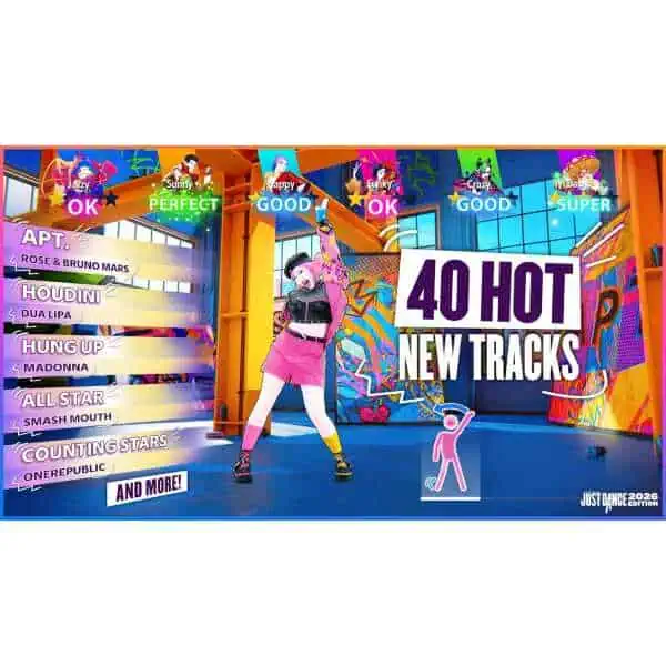 Colorful dance game scene with characters and "40 Hot New Tracks" banner.
