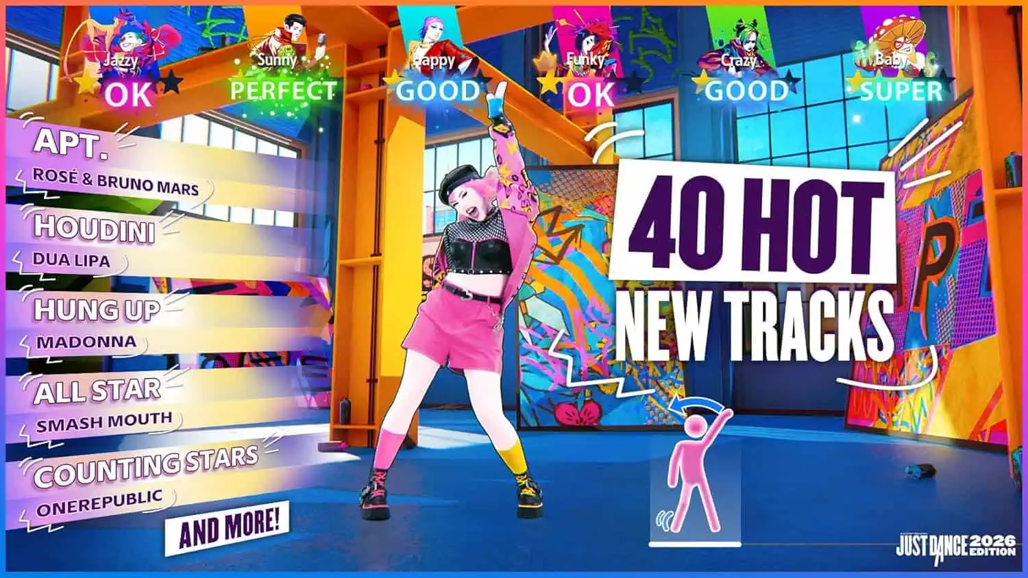 Colorful dance game scene with characters and "40 Hot New Tracks" banner.