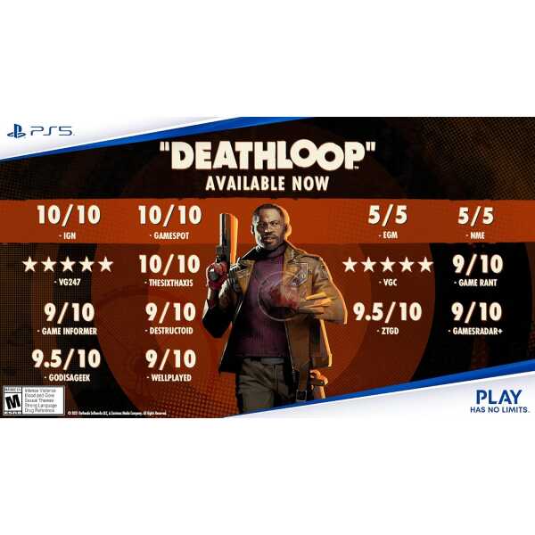 Deathloop promotional poster with game ratings and character image.