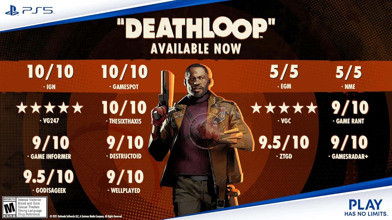 Deathloop promotional poster with game ratings and character image.