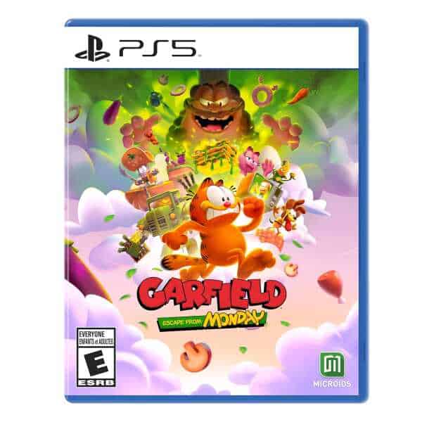 Garfield and friends escaping from Monday in colorful game art for PS5.