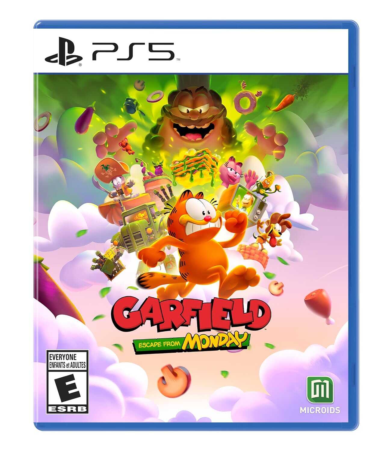 Garfield and friends escaping from Monday in colorful game art for PS5.