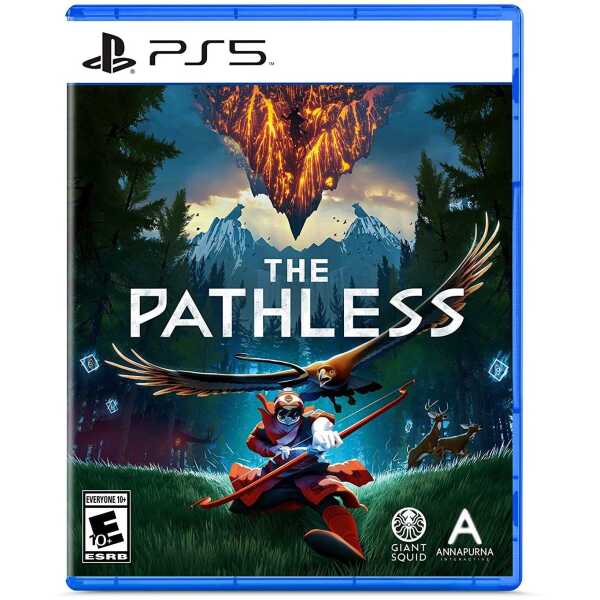A lush forest scene with a flying creature and a warrior in front of a volcanic island, promoting th.