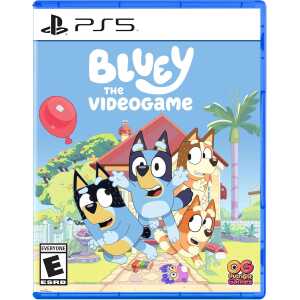 Bluey the Video Game PS5 cover art featuring Bluey and friends in a colorful backyard scene.